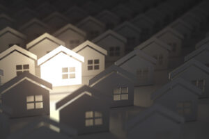 Unique lighting house sign in group of houses. Real estate property industry concept background. 3d illustration